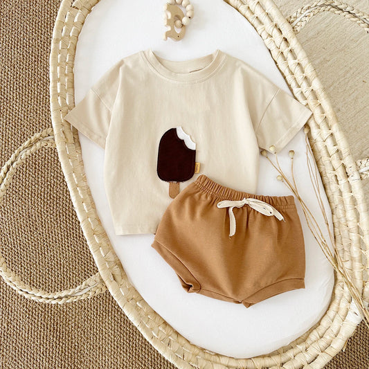 Baby Ice Cream Embossed T-short + Shorts Summer Outfit
