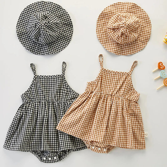 Baby Girls Sleeveless Cotton Plaid Toddler Summer Dress & Hat