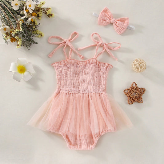 Baby Girls Summer Tutu Dress Embroidered Jumpsuit & Bow